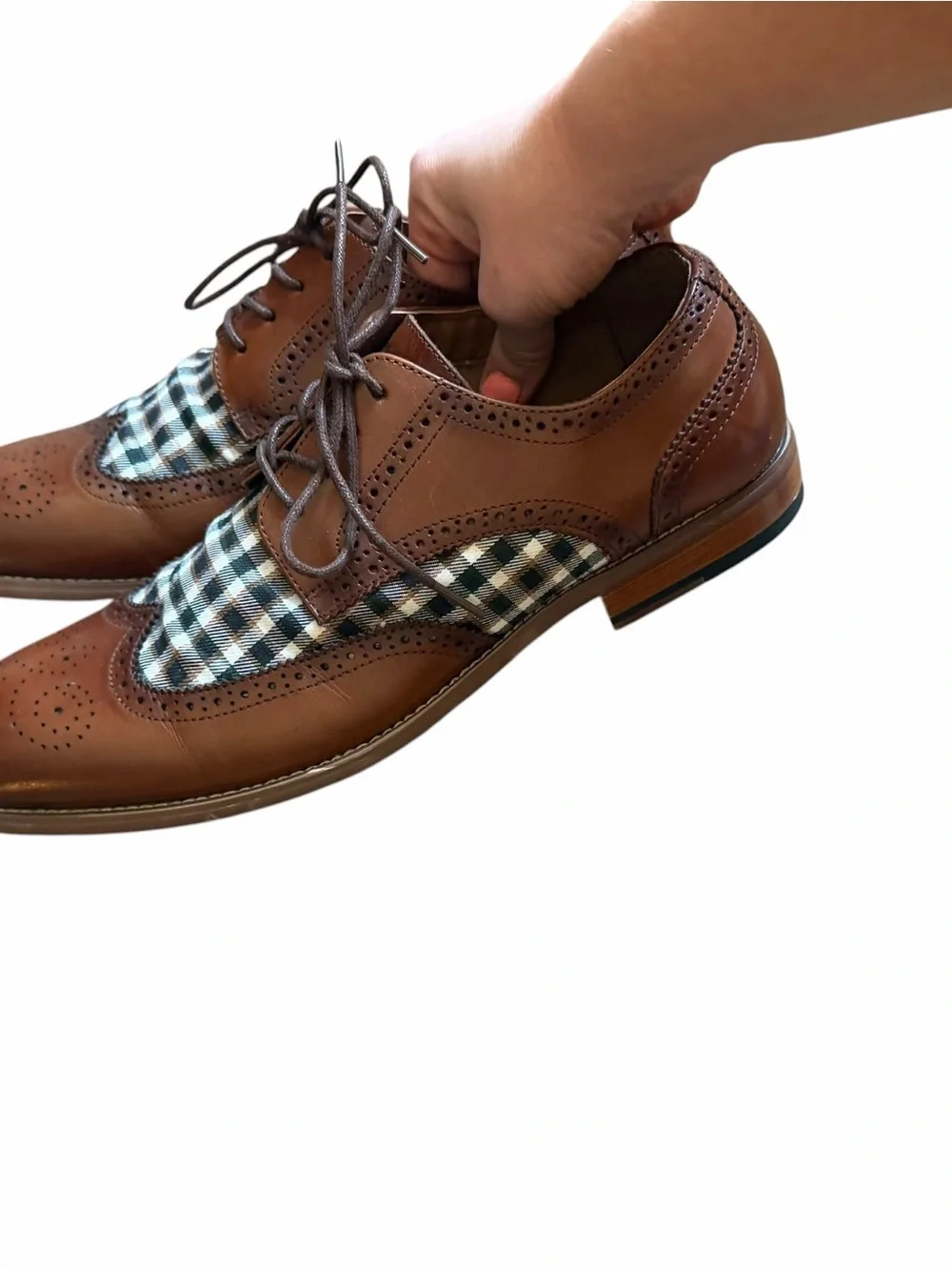 NWOT.Stacy Adams, Dutton Wingtip,Brown Leather/ Black & White Plaid.MEN SIZE 11!